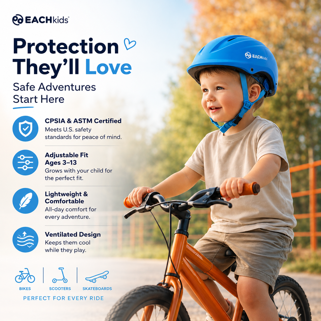 EACHkid Kids Bike Helmet  Ages 3–13 CPSIA Certified